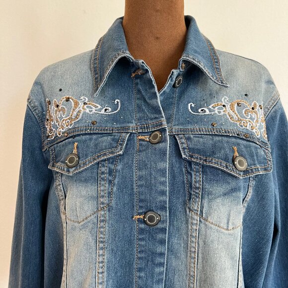Isabel Hayley Women's Size 14 Vintage Wash Embroidered Beaded Denim Jacket - Picture 6 of 13